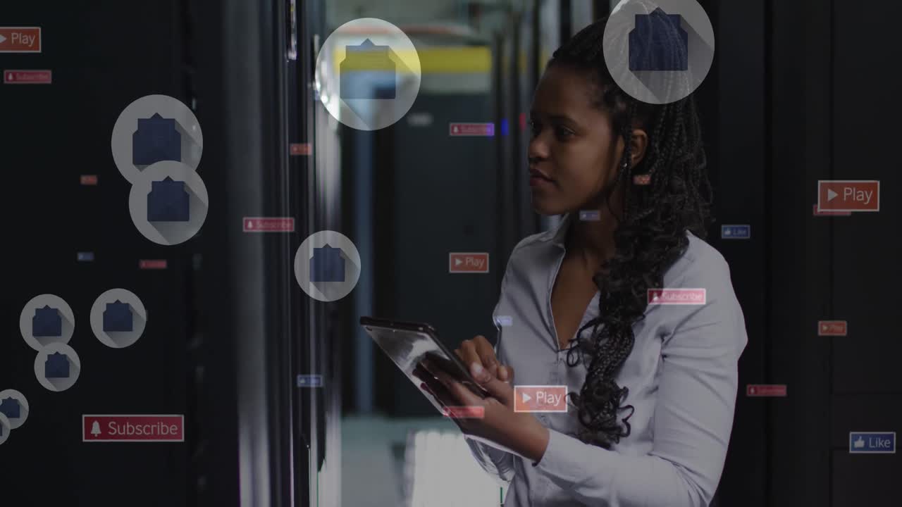 Animation of social media icons and texts over african american businesswoman in server room