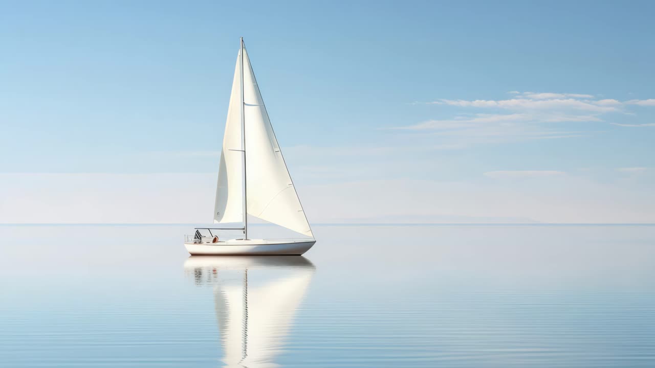 A serene video scene of a sailboat on calm waters, captured from a low angle