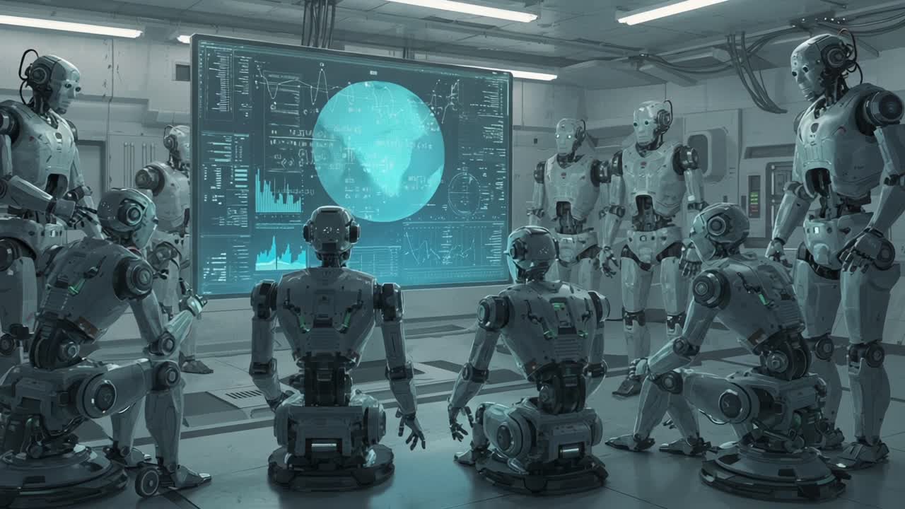 A Group of Advanced Robots Analyzing Data in a High-Tech Lab, Focusing on Insights from Graphs and a Global Map Displayed on a Screen