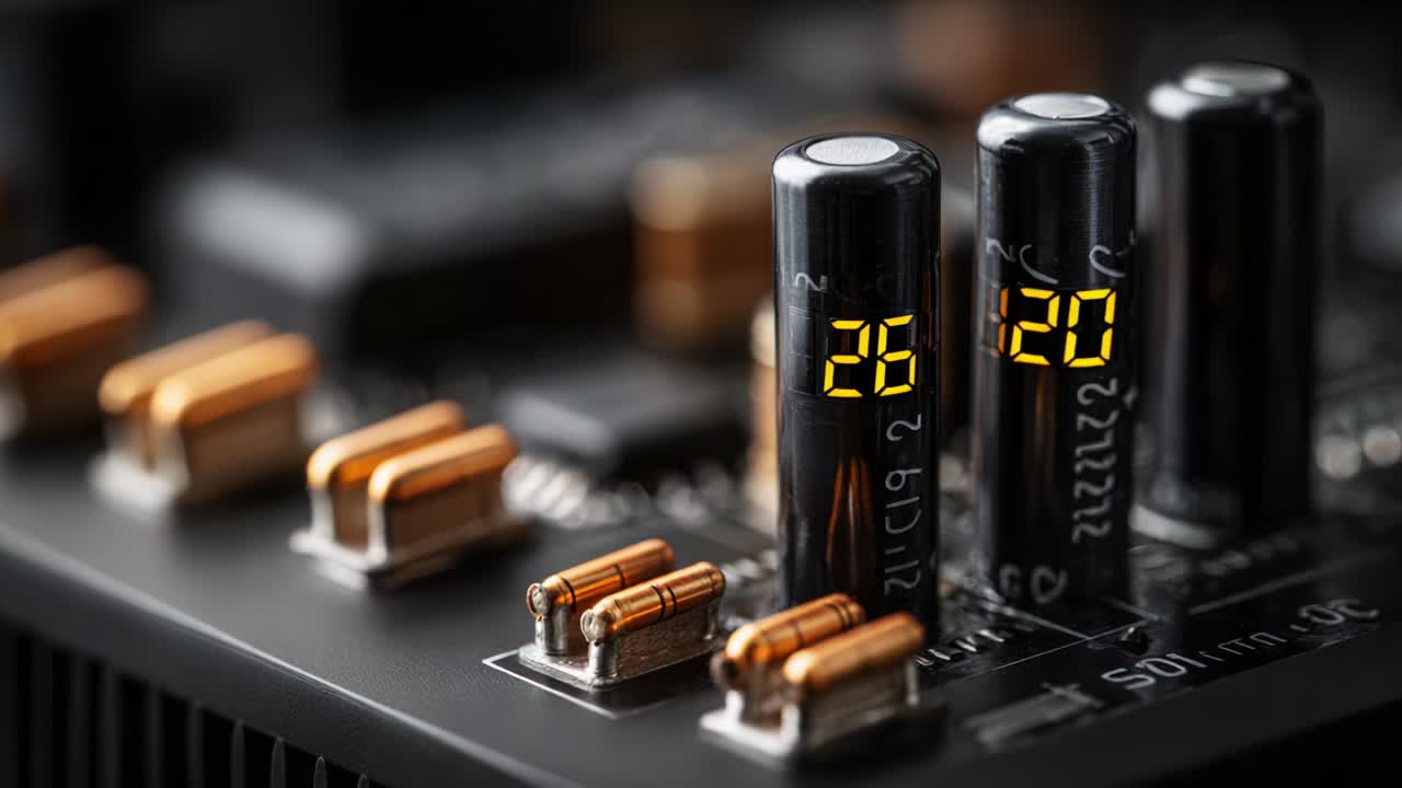 Close-up view of digital voltage display modules showcasing accurate numeric readouts on an electronic circuit board, illustrating modern technology and engineering precision in design and functionality