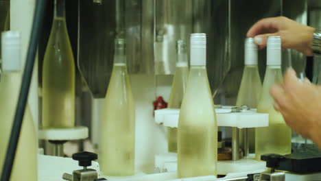 the worker works on the conveyor where the sparkling wine is produced the workers hands and the tape