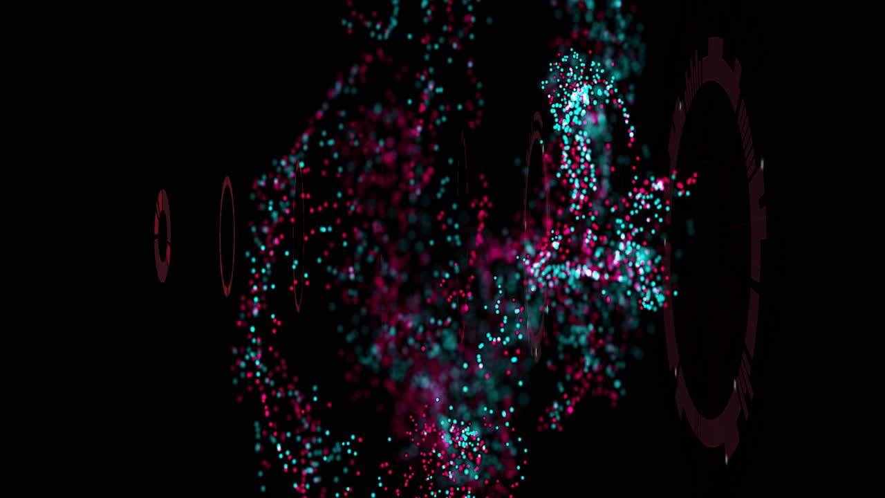 Animation of dynamic particles forming abstract shapes with red and blue glowing dots