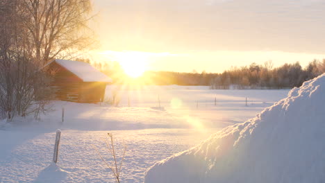 calm snowy winter landscape in beautiful countryside outside helsinki, early morning sunrise