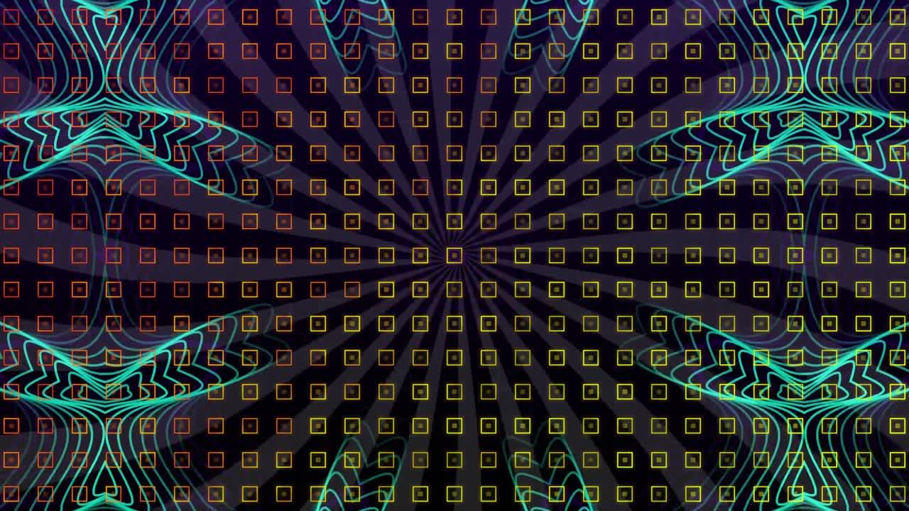 Animation of dots in squares over spiral pattern against abstract background