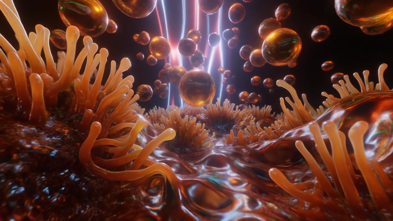 Animazione 3D astratta di sfere fluttuanti e tentacoli organici