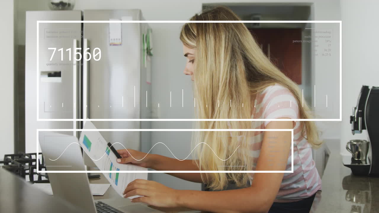 Animation of financial data processing over caucasian woman using laptop