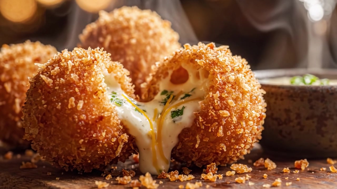 Lahodné zlatohnědé krokety: Křupavá vnější vrstva obalující rozpuštěný sýr s aromatickými bylinkami, ideální pro každého milovníka slaných pochoutek.