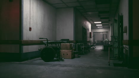 abandoned hospital corridor with old medical equipment and dim lighting