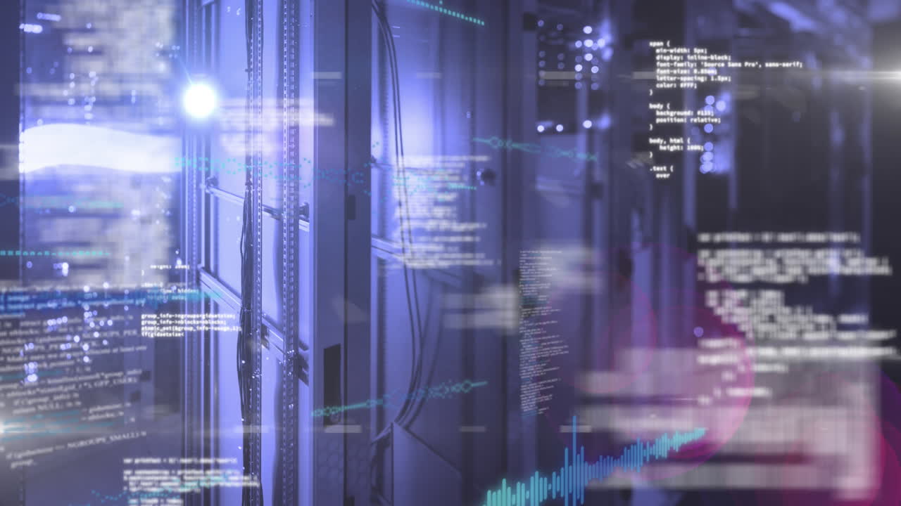 Animation of data processing over modern buildings