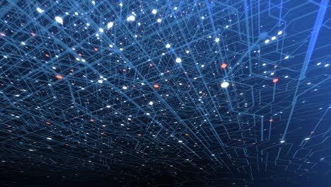 4k bucle sin costuras de tecnología de circuitos impresos concepto cibernético y futurista. placa de circuitos con electrones en movimiento. procesamiento de datos de cpu. animación de datos de pantalla de tecnología futurística hud.
