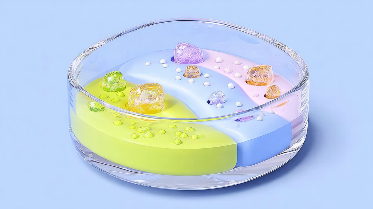 A Colorful Arrangement of Gel-like Structures in a Clear Dish, Featuring Vibrant Pastels in Shades of Blue, Green, and Purple with Decorative Elements Floating on Water