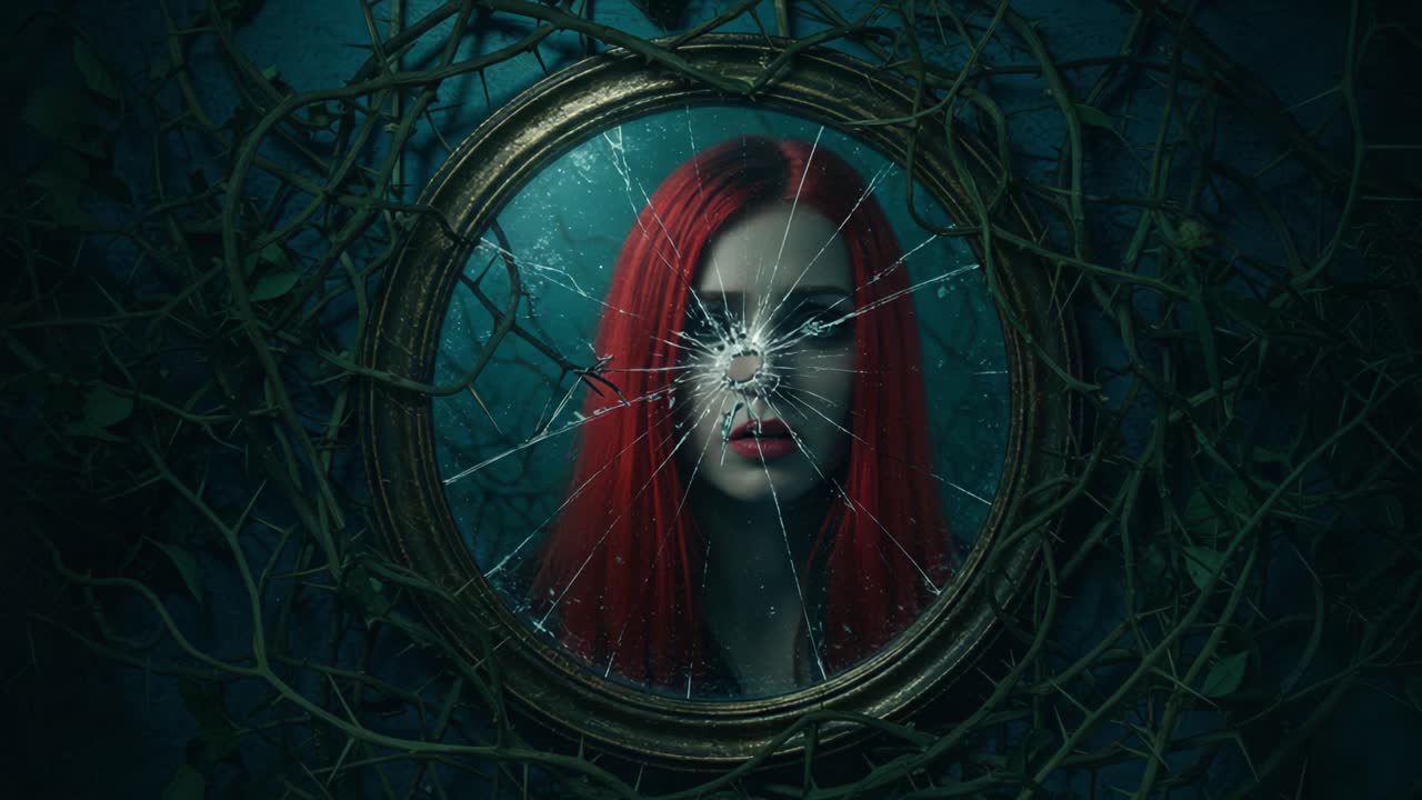 A Haunting Reflection: A Shattered Mirror Envelops a Woman with Fiery Red Hair in a Dark, Overgrown Setting, Evoking Themes of Mystery and Intrigue