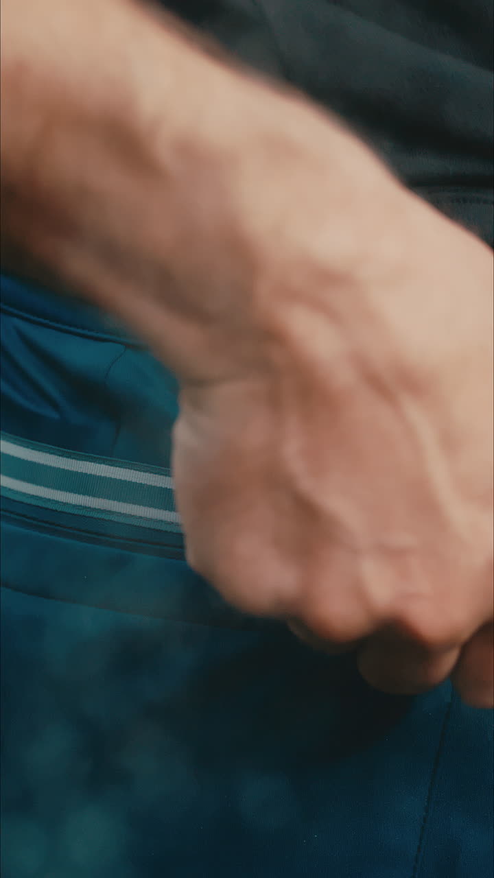 cerca de la mano del hombre cerrando el bolsillo cerrado en sus pantalones azules en la lluvia en cámara lenta