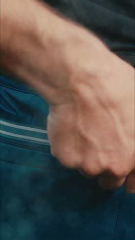 close up of man's hand zipping the pocket closed on his blue pants in the rain in slow motion