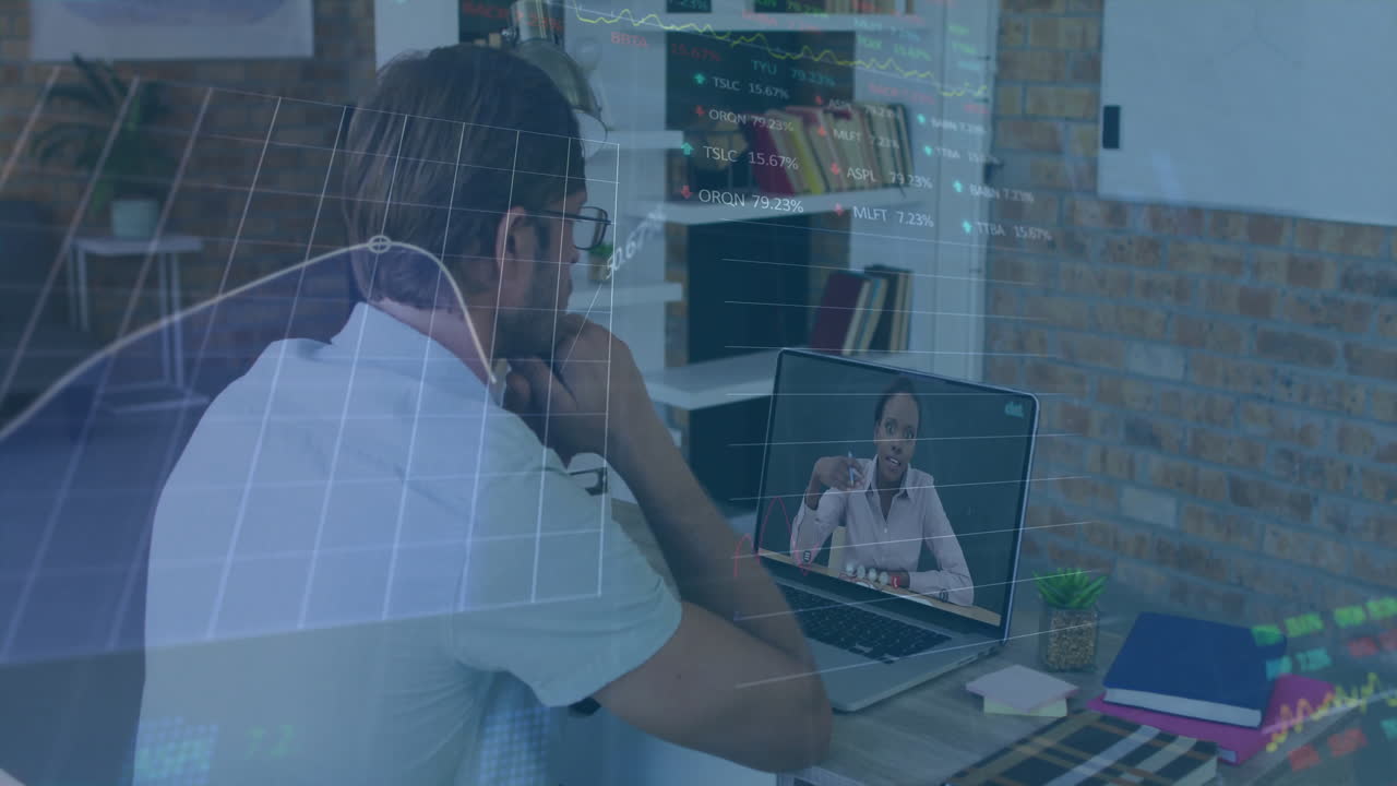 Man joining remote finance conference at desk, showing floating stock charts and ticker overlays