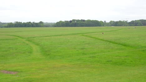 Wunderschönes,-Frisches,-Lebendiges-Grünes-Feld-Mit-Einem-Mann,-Der-Im-Hintergrund-Läuft