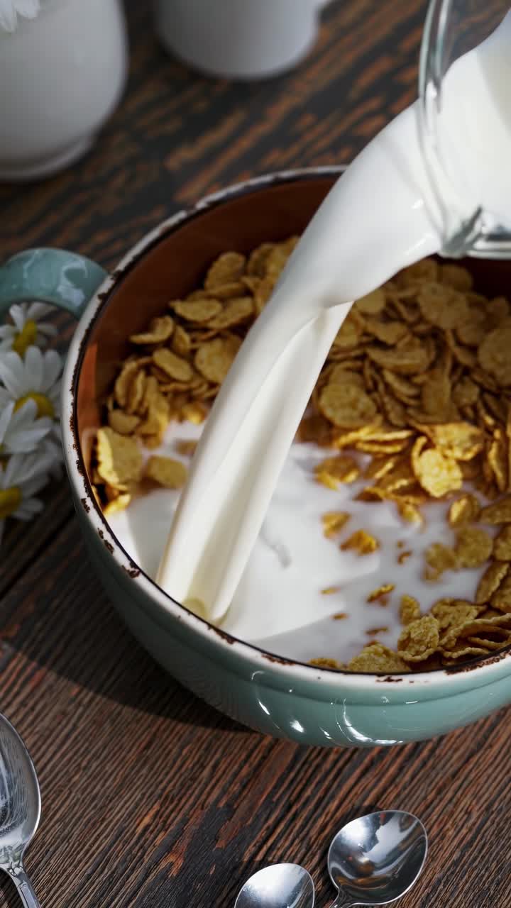 Top-down video shot of milk pouring into a bowl of cornflakes on a rustic wooden table
