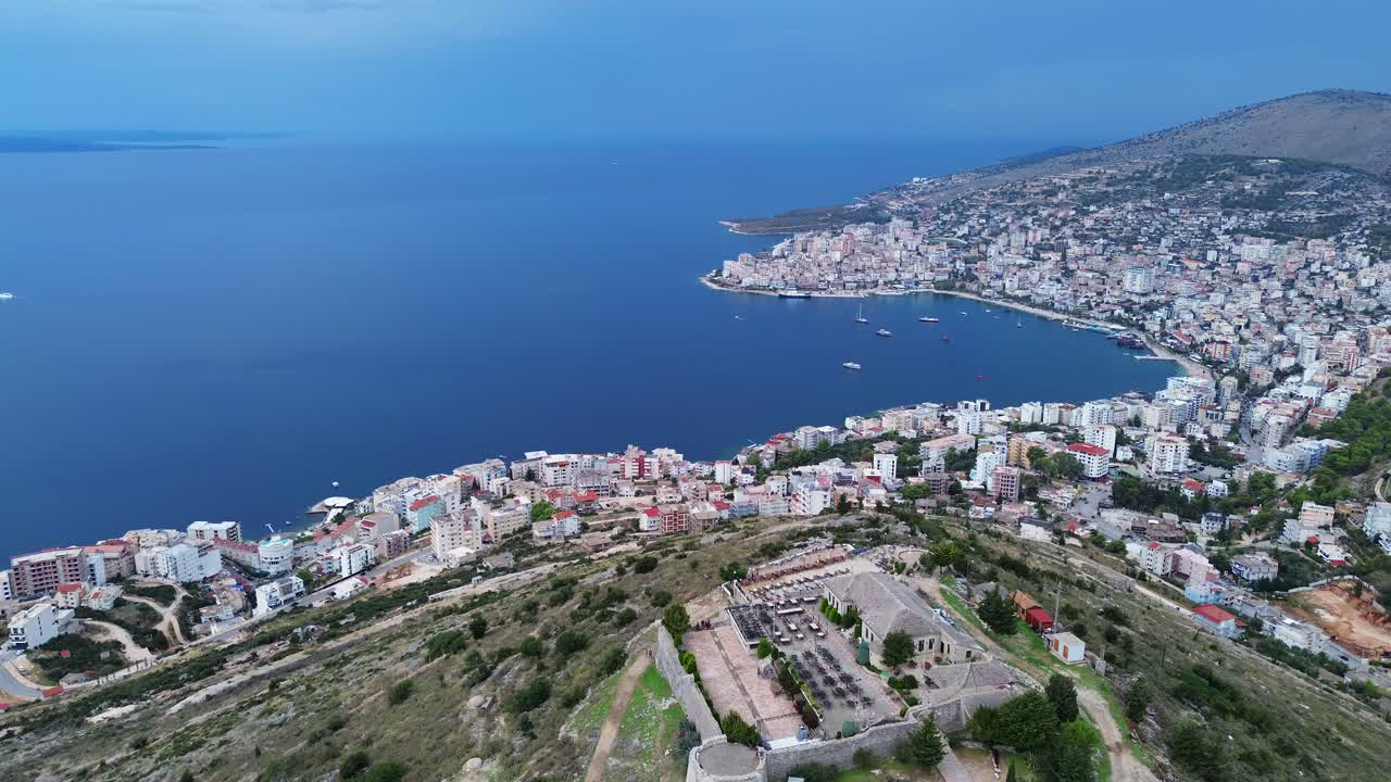 Ottoman empire Lekuresi castle ruin Saranda south Albania, aerial drone