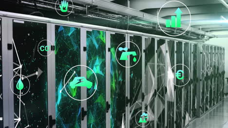 animation of ecology icons and network of connections over server room