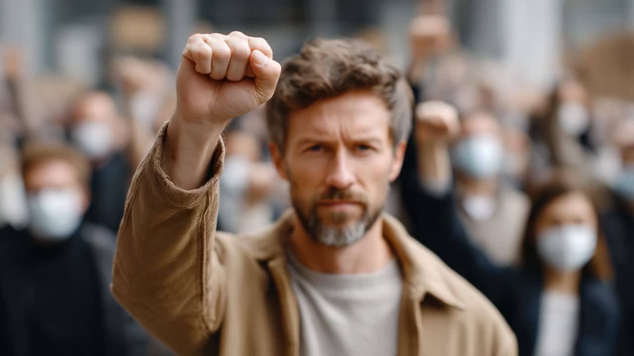 A determined individual raises a fist in solidarity among a crowd, embodying a powerful message of unity and protest against social issues