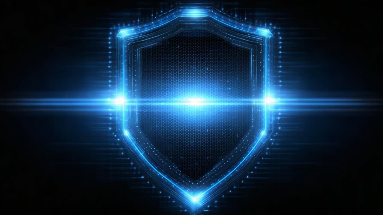 Dramatic Transformation of a Glowing Shield Icon with a Futuristic Design in a Dark Background, Emphasizing Security and Protection Theme