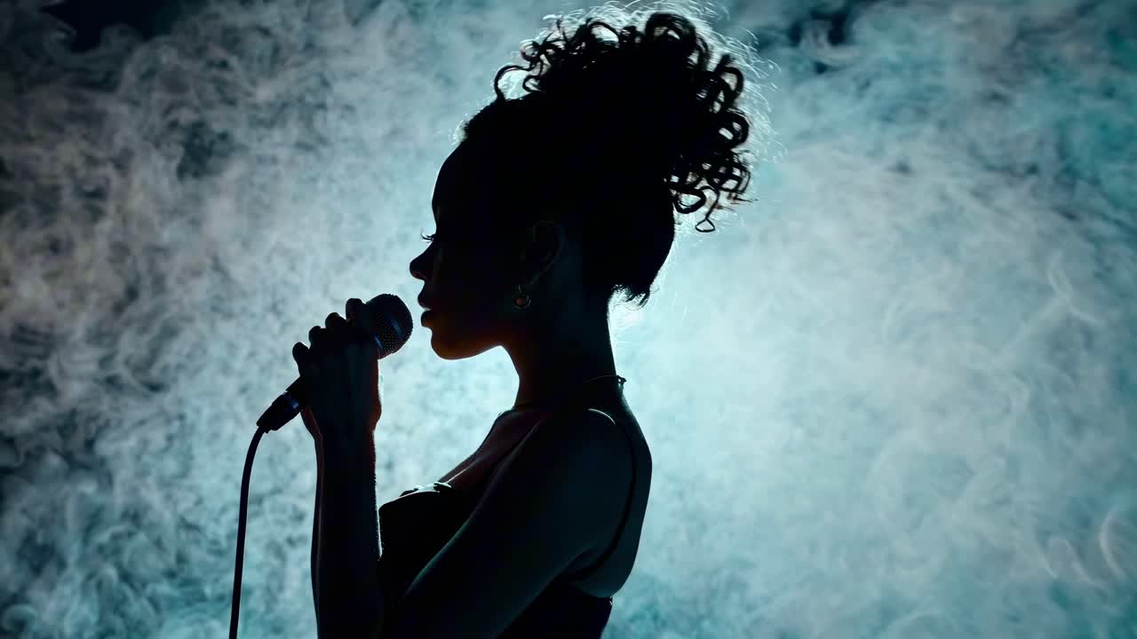 Silhouette of a singer holding a microphone against a smoky backdrop