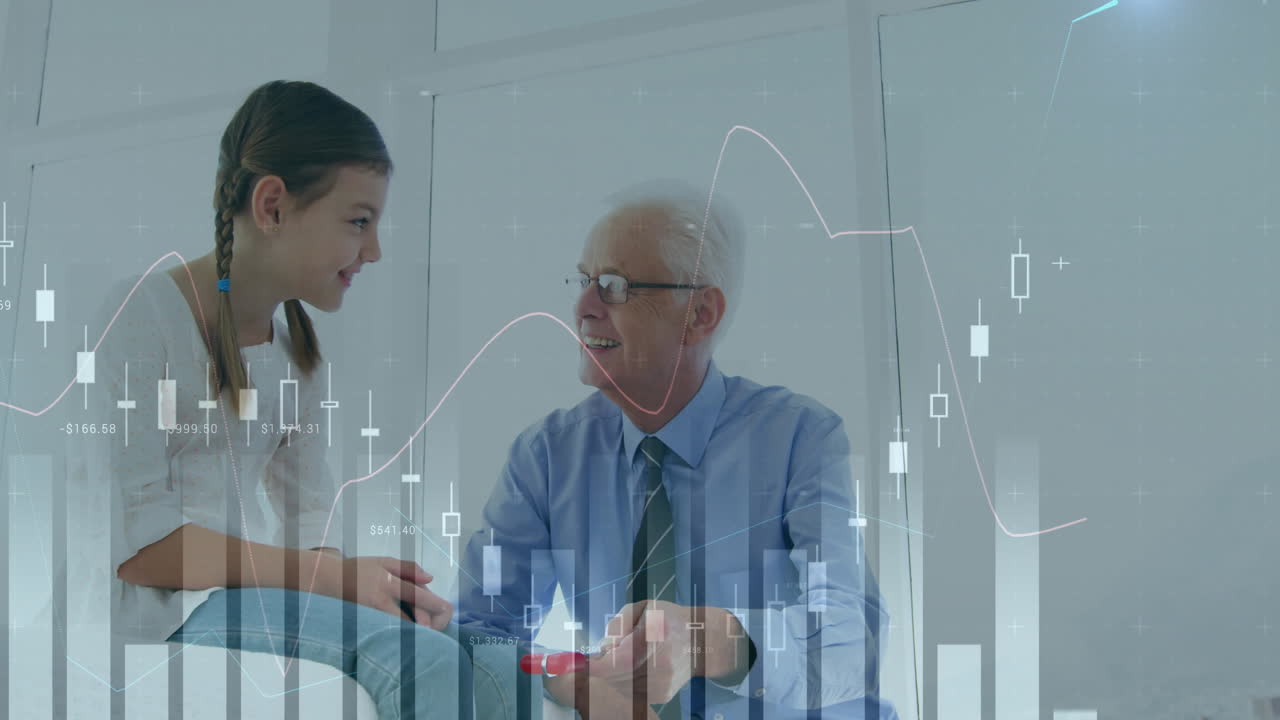 Girl and father examining red device in bright white room, with floating finance candlestick graphs