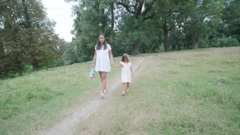 a pregnant woman and her young daughter, both dressed in white, walk hand-in-hand through a grassy park. the scene captures a serene moment of family bonding in nature, surrounded by trees.