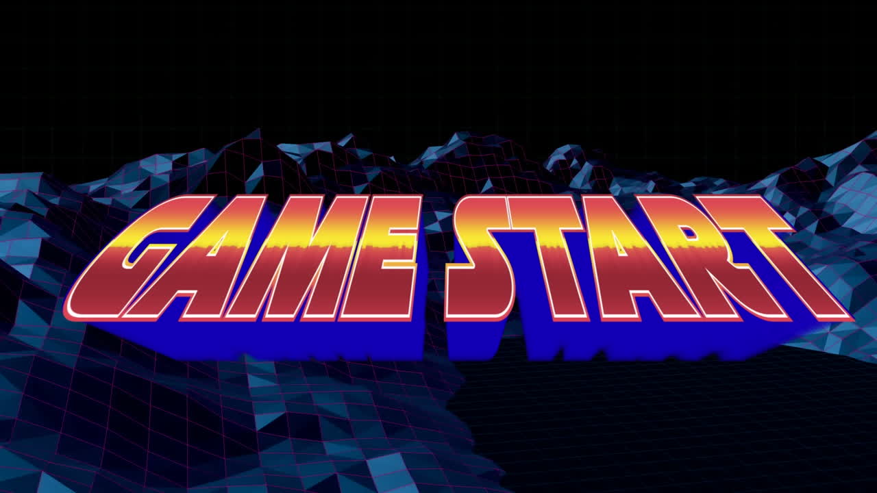 검은 바탕에 메타버스 위에 게임 시작 텍스트의 애니메이션