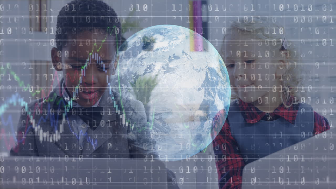 Mathematical equations over young people working on laptop.