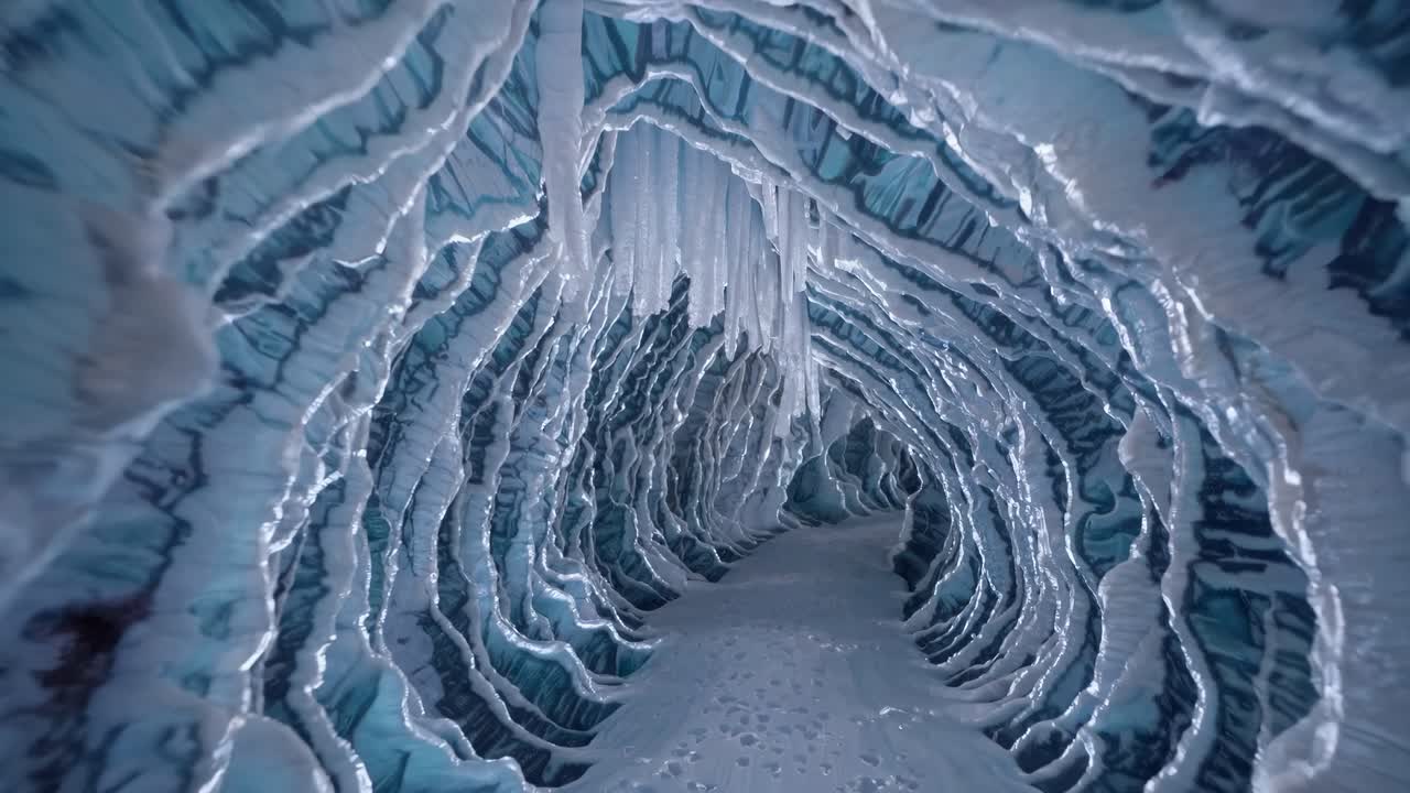 A mesmerizing video of an icy cave with a fisheye lens, capturing intricate, layered ice formations
