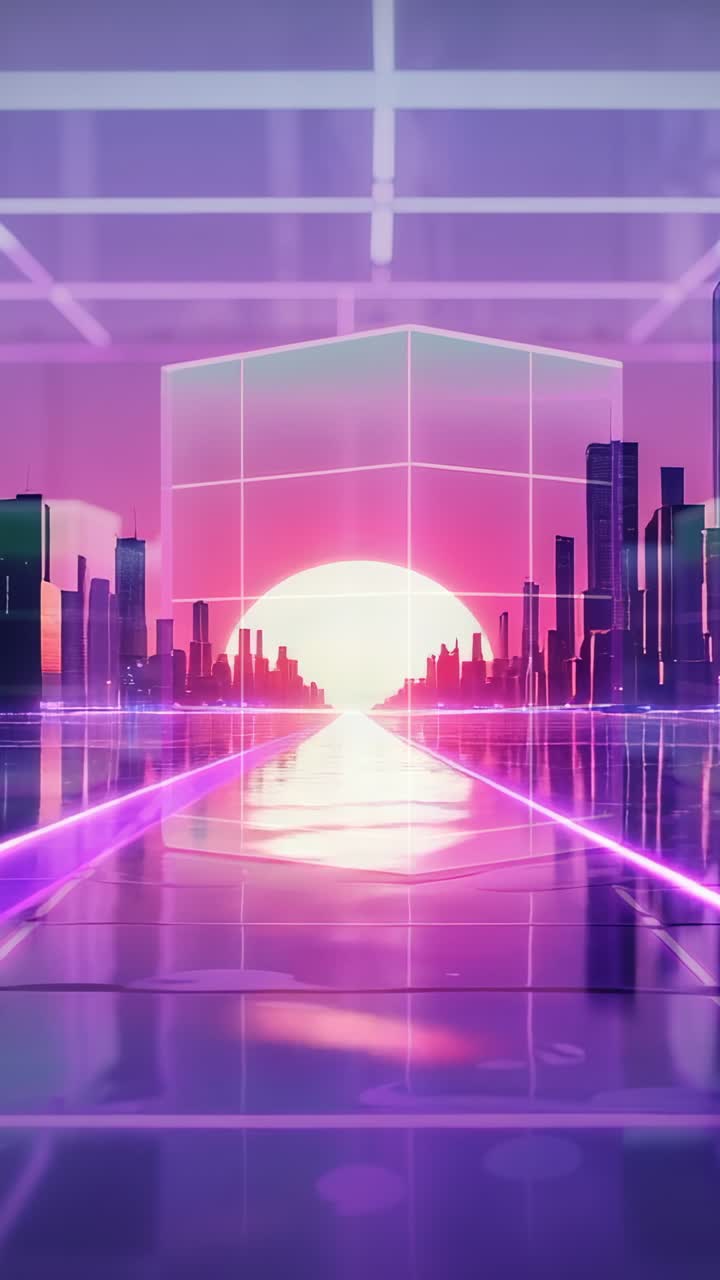 Vertical video: Opening cube forming around sun on grid floor, magenta beams converging