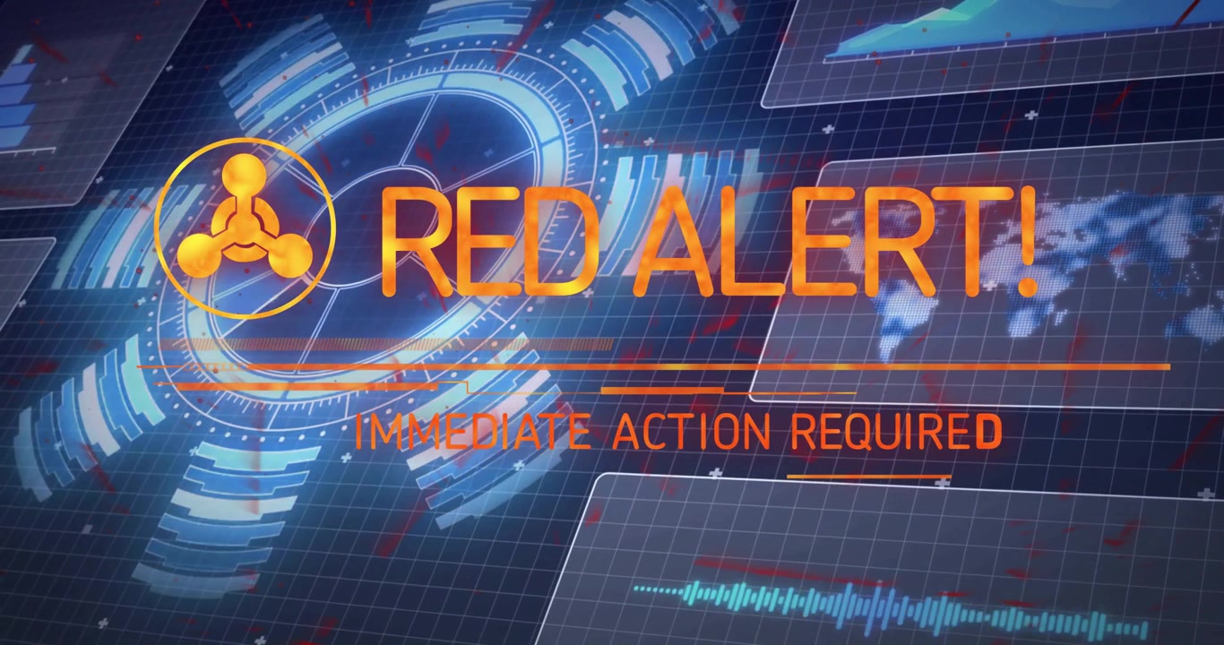 Dark grid interface loading spinning hazard logo text morphing into RED ALERT demanding action