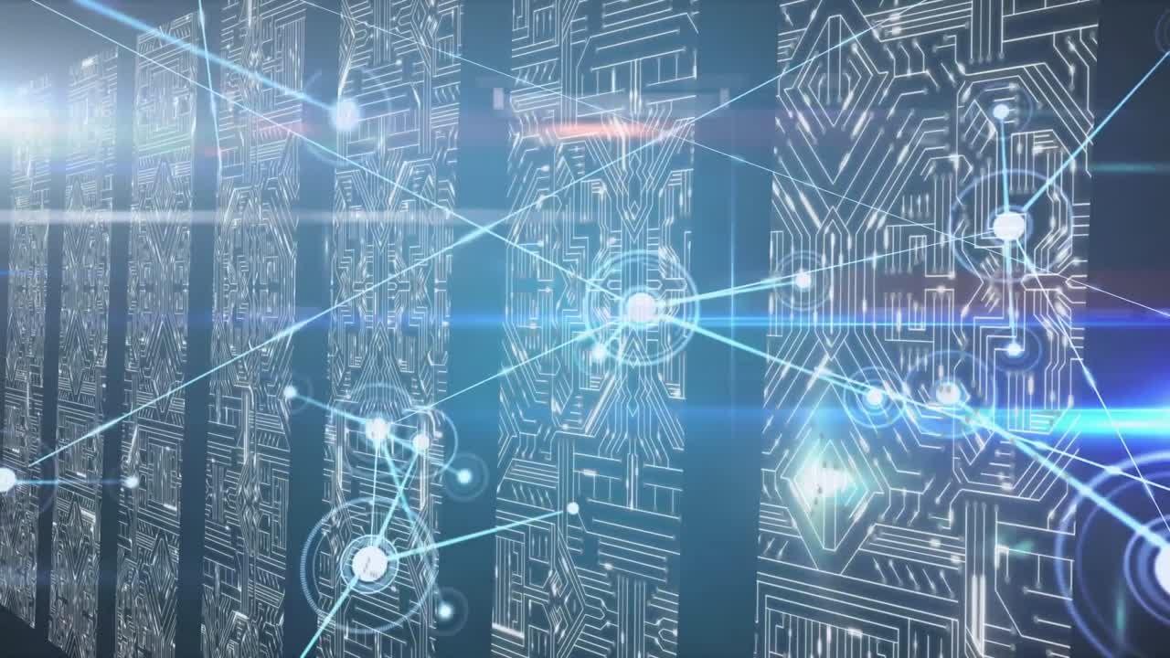 Animation of data processing and network of connections over computer circuit boards