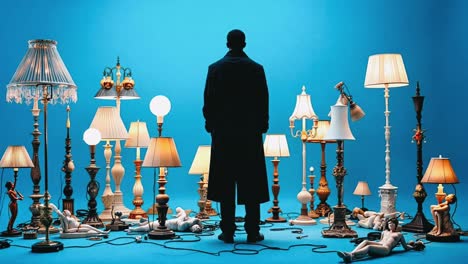 man surrounded by vintage lamps