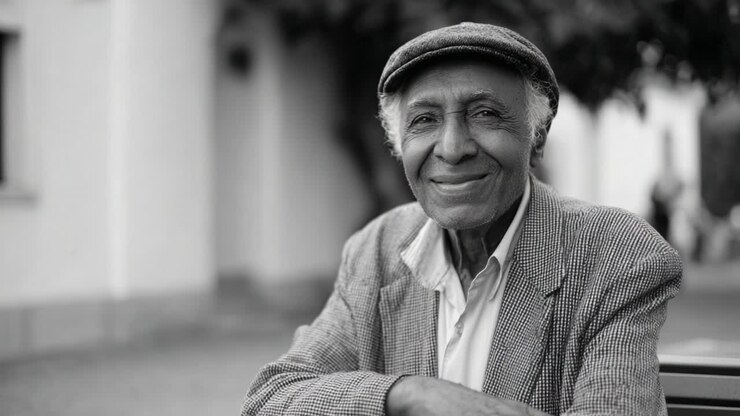 Un saggio uomo anziano sorride pensieroso in un sereno ritratto in bianco e nero, catturando l'essenza dell'esperienza e della tranquillità in un ambiente esterno pacifico.