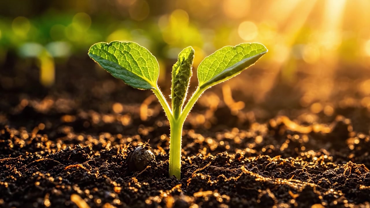 Il viaggio della crescita: una piantina che emerge dal terreno e si protende verso la luce del sole in un vivace ambiente da giardino che mostra il rinnovamento della natura.