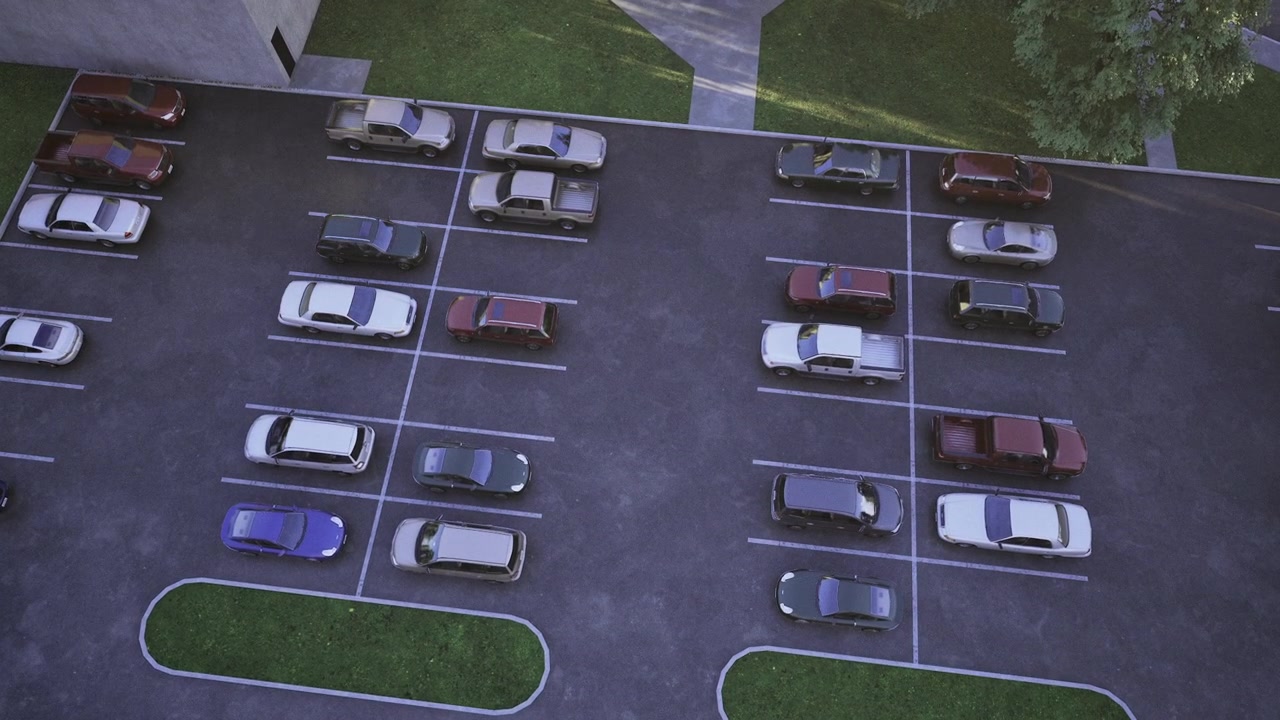 Vista dall'alto che evidenzia il parcheggio urbano e i modelli di movimento.