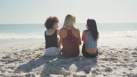 rear view of mixed race friends talking in front of the sea