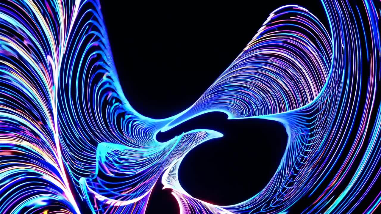 Abstract video art with swirling neon light trails, captured from a dynamic top-down angle