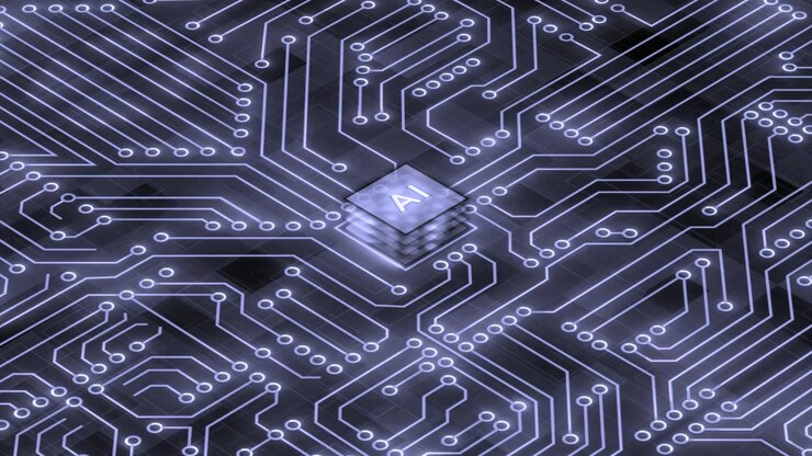 Processore AI luminoso su un circuito stampato futuristico