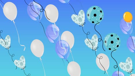 animation of colourful balloons flying on blue background