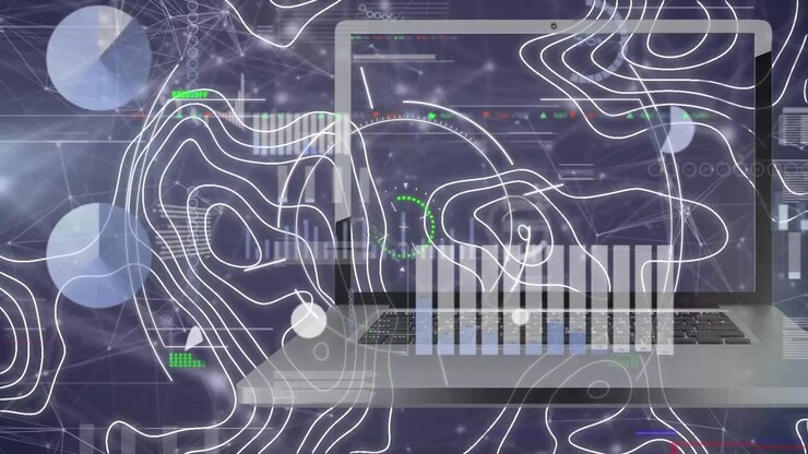 Animation af bevægelige linjer og bærbar computer over mørk baggrund