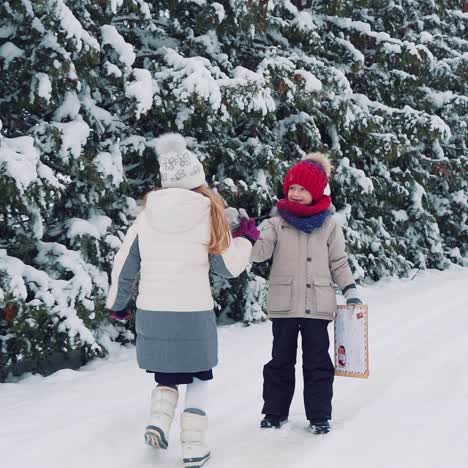 a little boy with an envelope in his hands is waiting for a girl who runs to him on the background of a winter forest on the street. and children are running along a snowy path together on the background of tall fir-trees