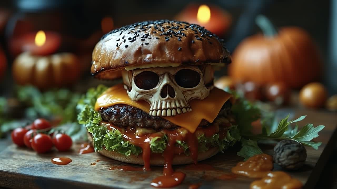 Skull burger at Halloween celebration. A creative burger features a skull shaped cheese topping, surrounded by festive decorations like pumpkins and candles.