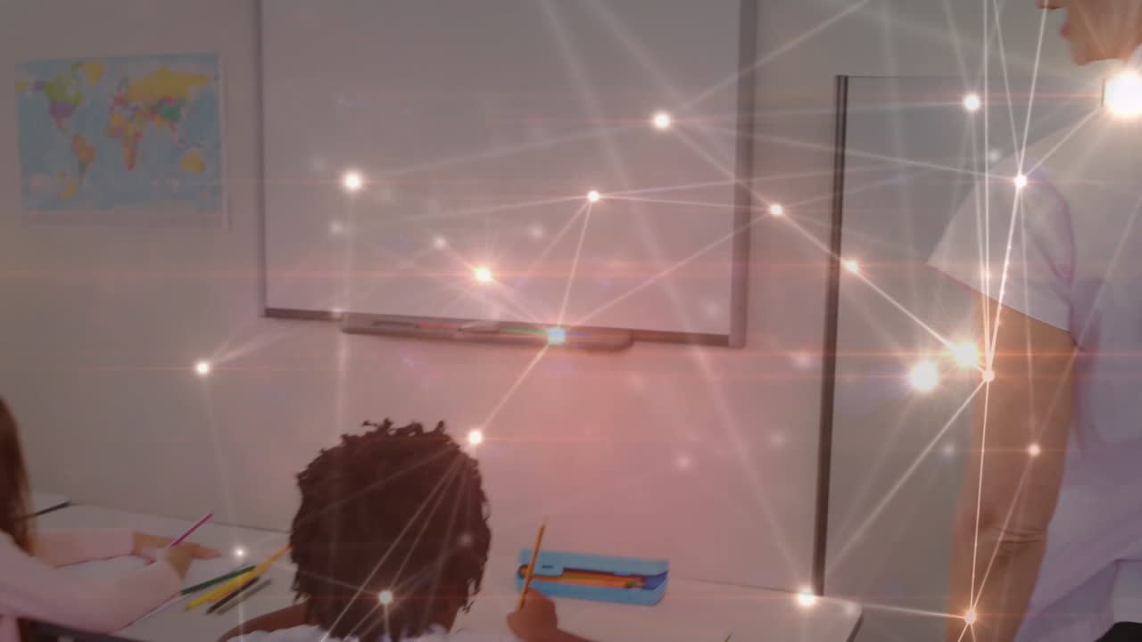 Animation of network of connections over happy diverse teacher and schoolchildren