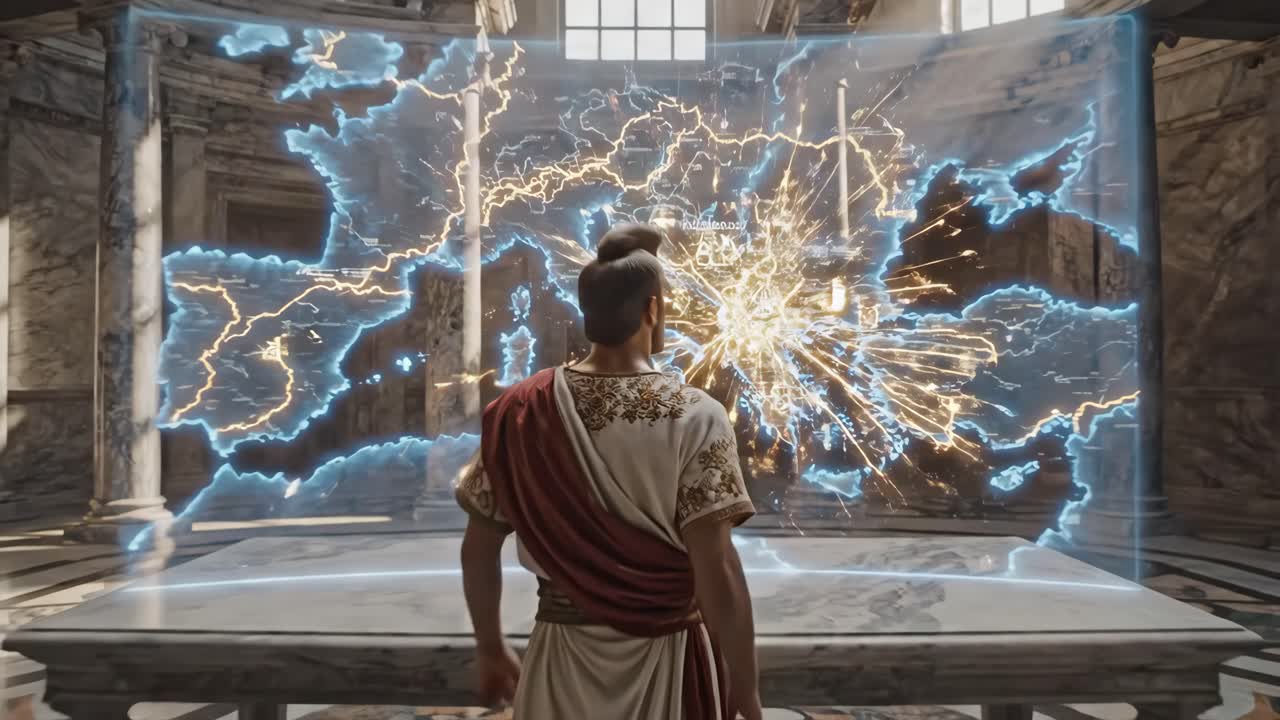Ancient Roman Leader Studying a Holographic Map of Europe
