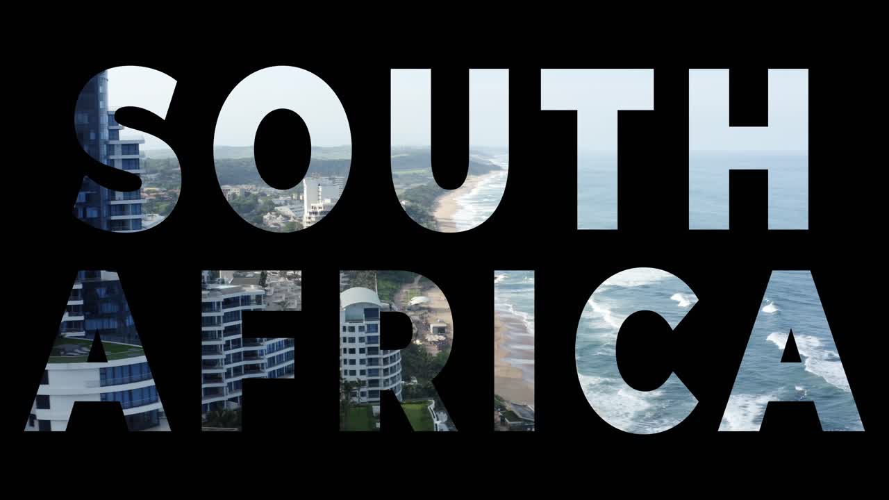 해양과 해변 리조트와 함께 해안선의 드론  ⁇ 은 남아프리카 공화국을 표기하는 그래픽으로  ⁇ 여 있습니다.