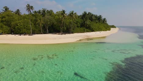 vuelo de drones sobre la costa maldiva con muchos árboles verdes, vista desde el océano contra el telón de fondo de un cielo tormentoso
