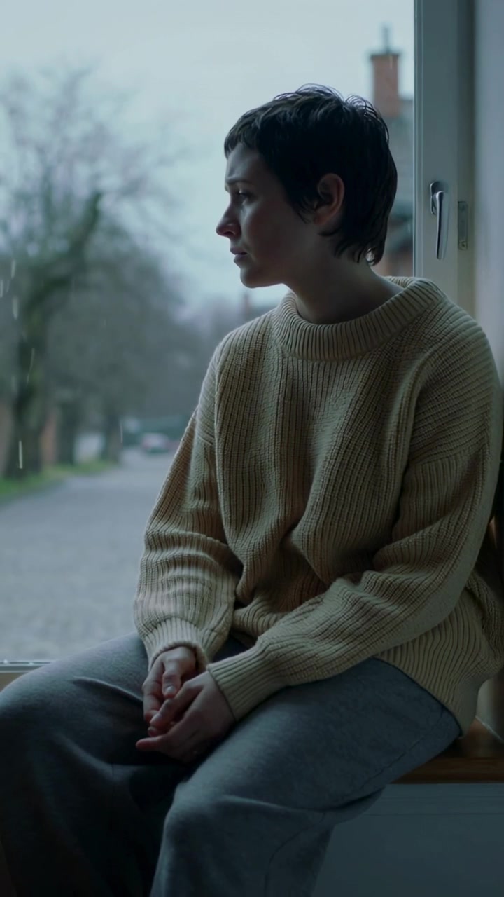 Video verticale: Guardando la pioggia, donna con un maglione grosso che guarda fuori dal finestrino piovoso, con le mani giunte.